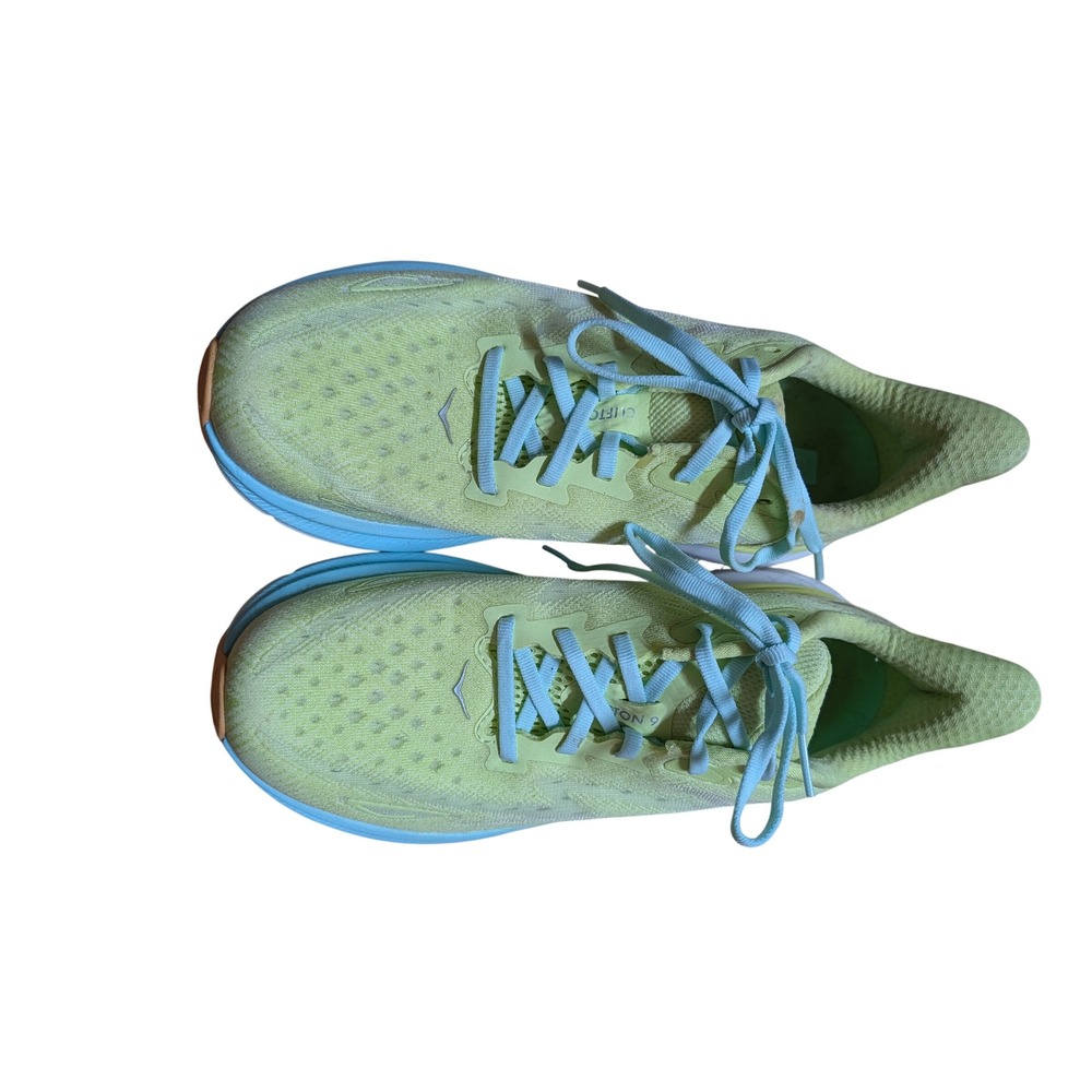 Hoka Clifton 9 Running Shoes Womens 9 Lime Green Blue Good Cushioned Athletic